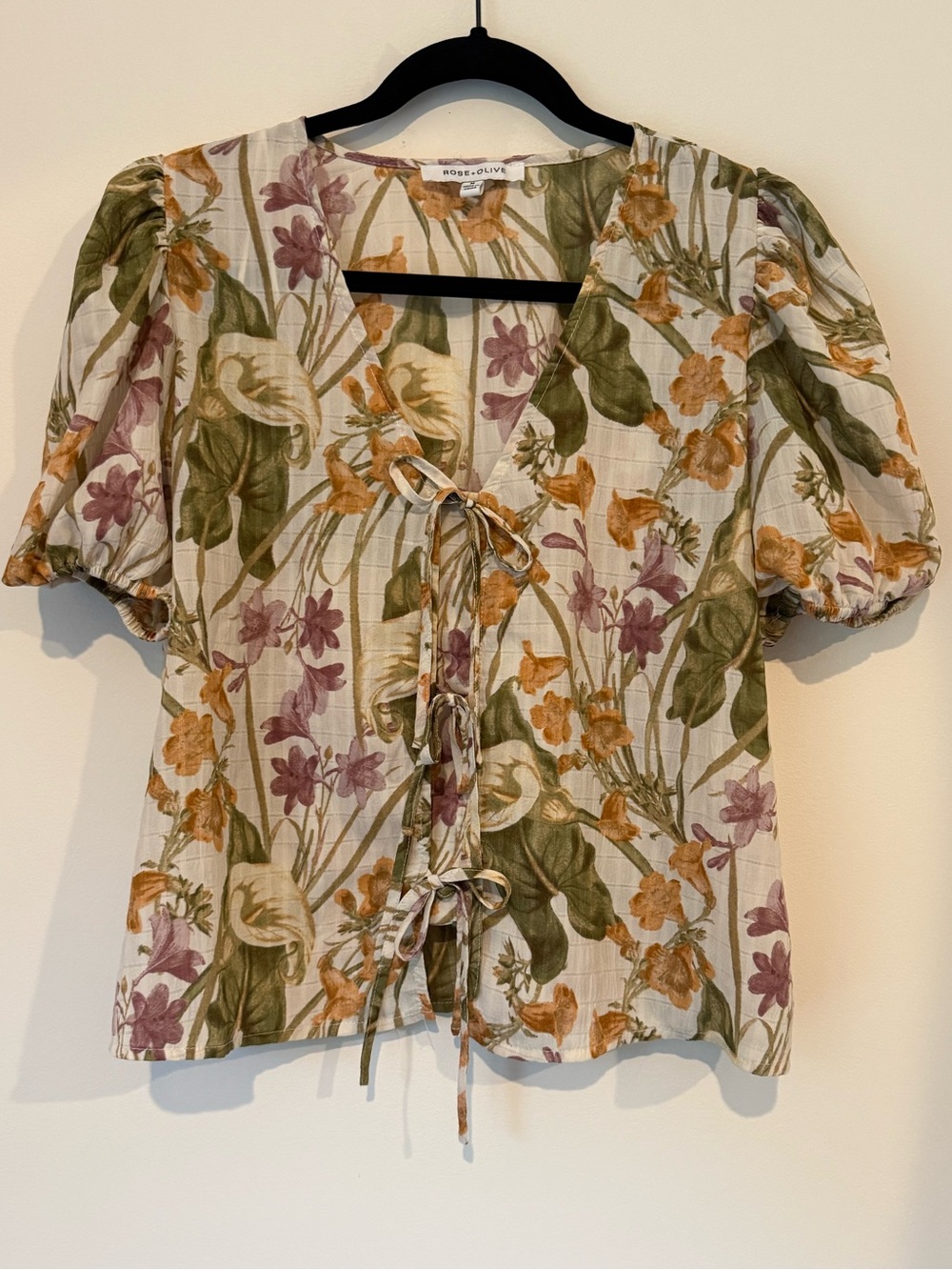 Rose & Olive Floral Tie-Front Puff Sleeve Top in Olive, Gold & Mauve
